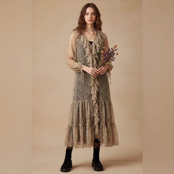 Romantic Boho Maxi Dress Mango Balloon Sleeve Whimsigoth - Picture 15 of 15